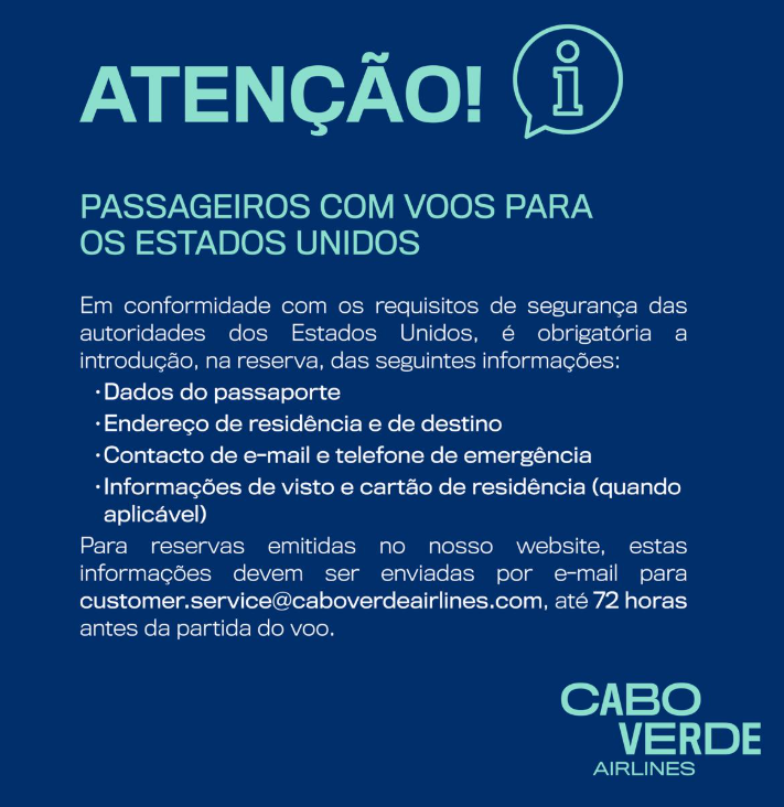 Comunicado oficial da Cabo Verde Airlines detalhando os requisitos obrigatórios de segurança para passageiros com destino aos Estados Unidos, incluindo o envio de dados por e-mail.