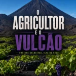 Videiras verdes a crescer na cinza vulcânica preta em Chã das Caldeiras, com o vulcão Pico do Fogo ao fundo sob céu azul.