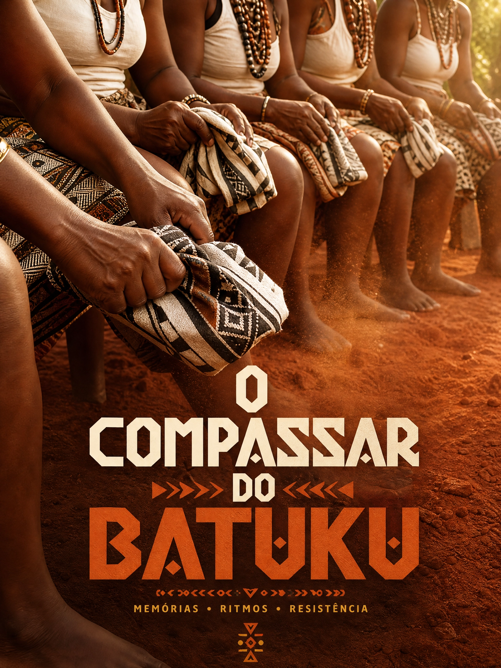 Batucadeiras de Santiago sentadas a bater em panos tradicionais toka entre as pernas, com poeira a subir da terra vermelha.