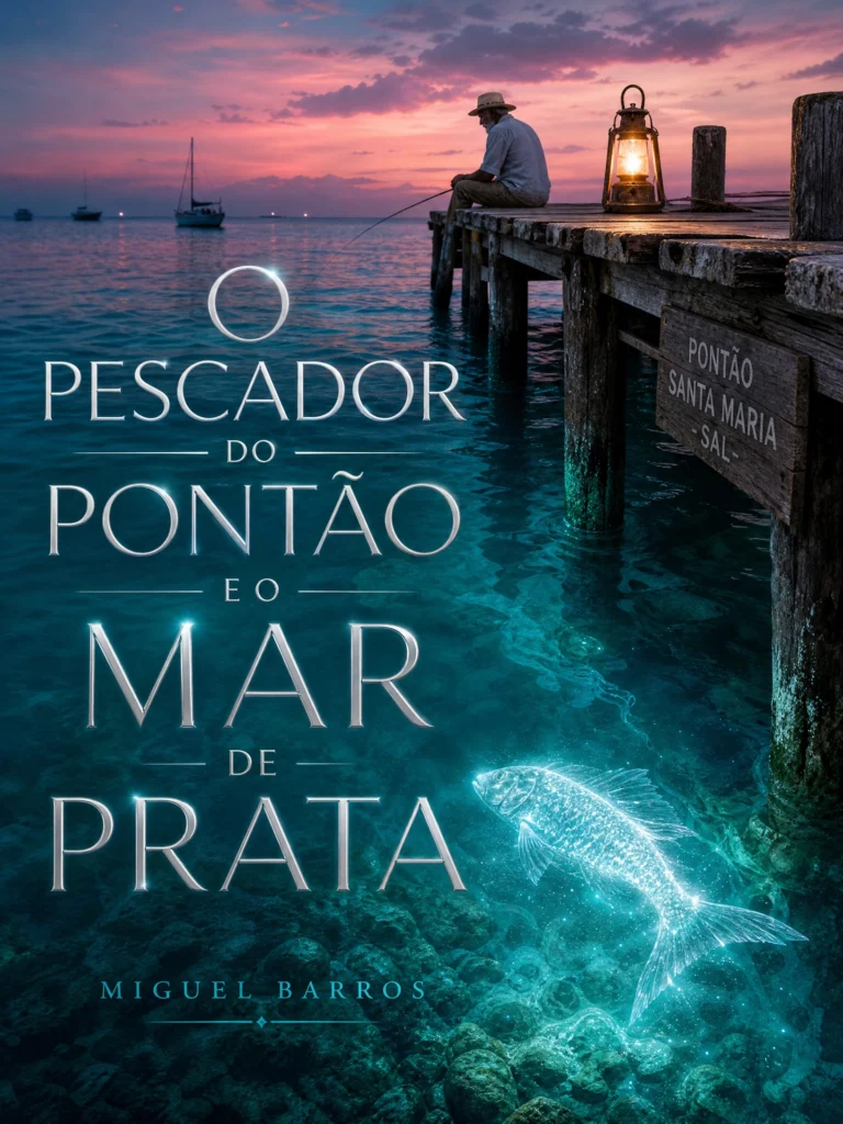 Vista do Pontão de Santa Maria na Ilha do Sal ao pôr do sol, com um peixe prateado e brilhante sob a água turquesa.