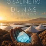Pirâmides de sal branco nas Salinas da Ilha do Maio com um idoso a segurar um cristal de sal que brilha com luz azul.