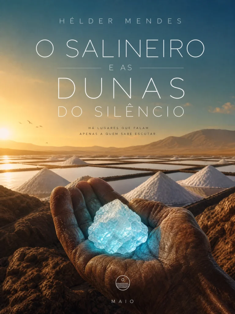 Pirâmides de sal branco nas Salinas da Ilha do Maio com um idoso a segurar um cristal de sal que brilha com luz azul.