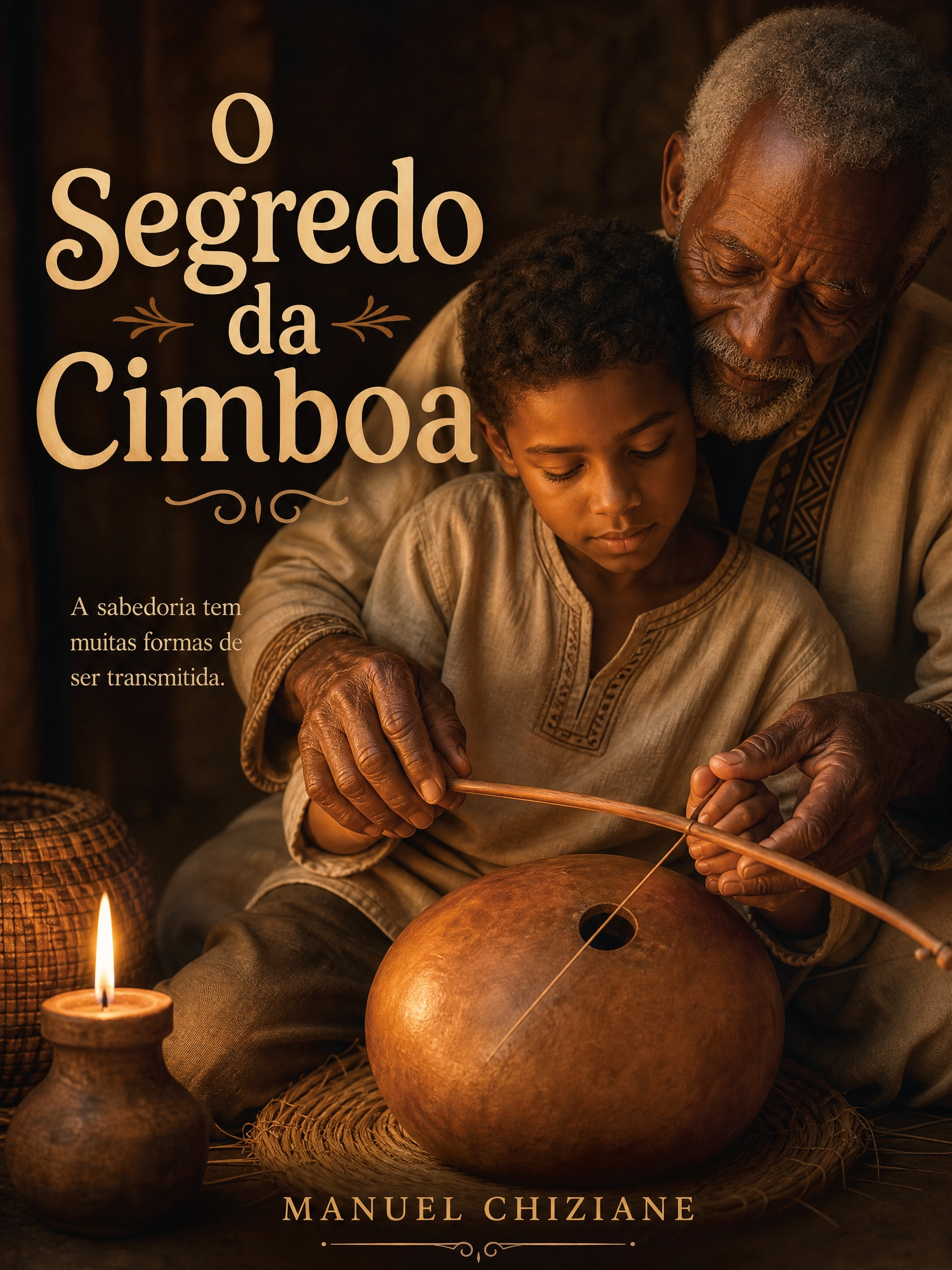 O Segredo da Cimboa Mãos de um avô idoso a ensinar o neto a tocar Cimboa de cabaça e crine de cavalo à luz de uma vela na oficina.