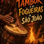 Mãos de um jovem a tocar tambor de pele de cabra em Porto Novo, Santo Antão, com faíscas de fogueira de São João à noite.