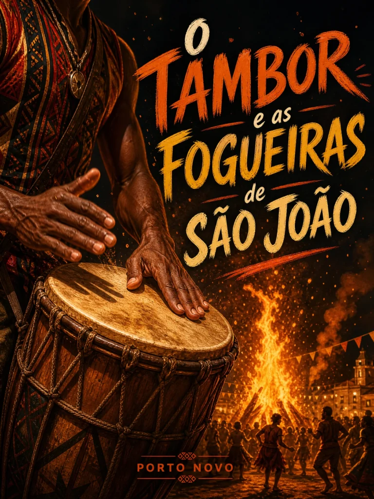 Mãos de um jovem a tocar tambor de pele de cabra em Porto Novo, Santo Antão, com faíscas de fogueira de São João à noite.
