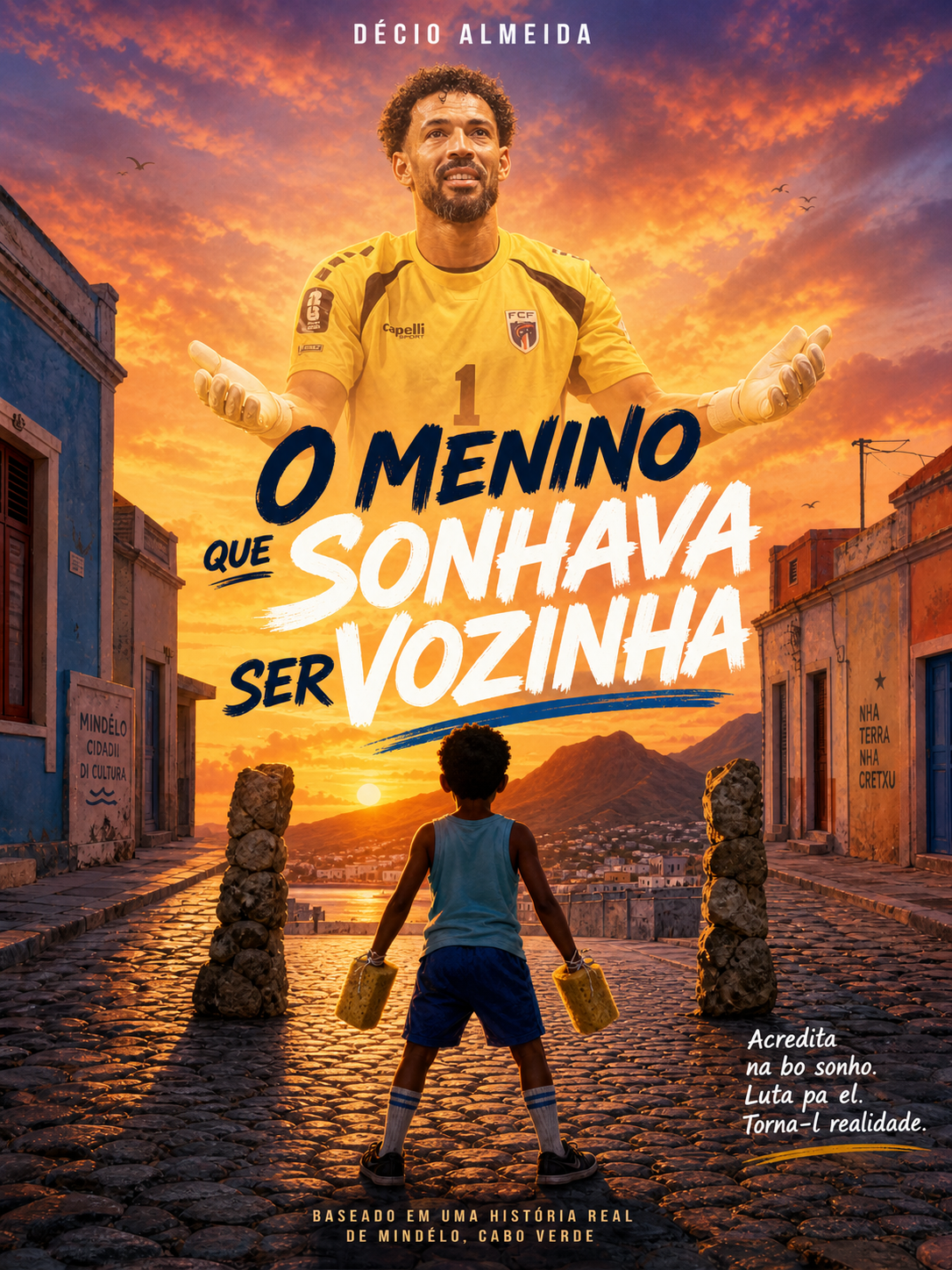 Criança com luvas de esponja jogando como guarda-redes numa rua de calçada em Mindelo com o Monte Cara ao fundo.