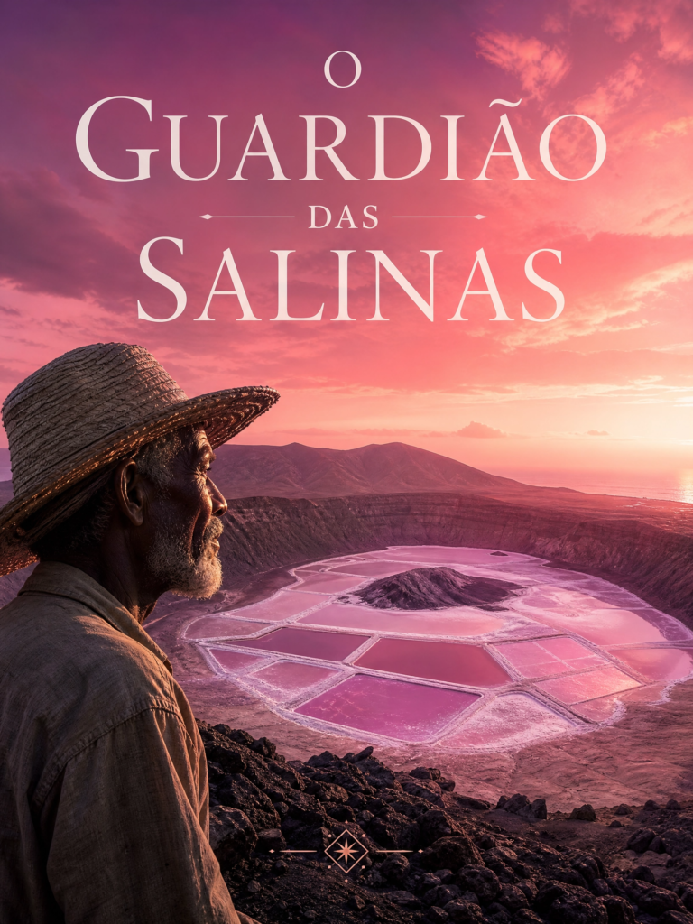 Silhueta de um ancião com chapéu de palha observando as salinas cor-de-rosa de Pedra de Lume, Ilha do Sal.