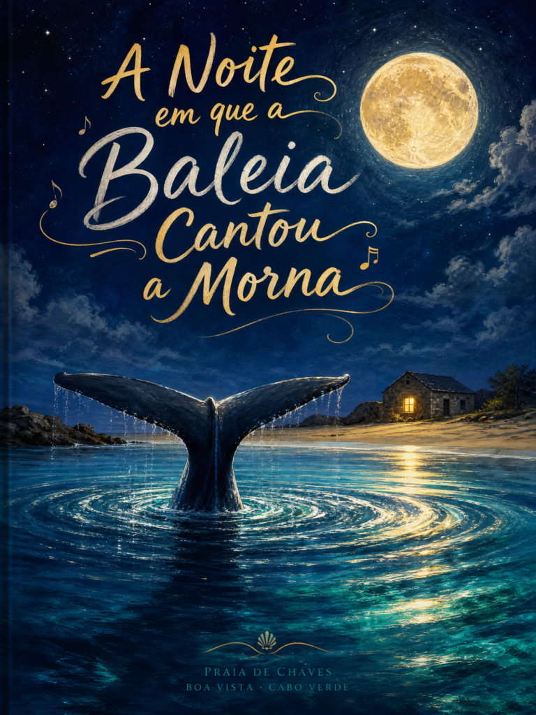 Cauda de uma baleia de bossa emergindo no mar espelhado sob a lua cheia na Praia de Chaves, Boa Vista.