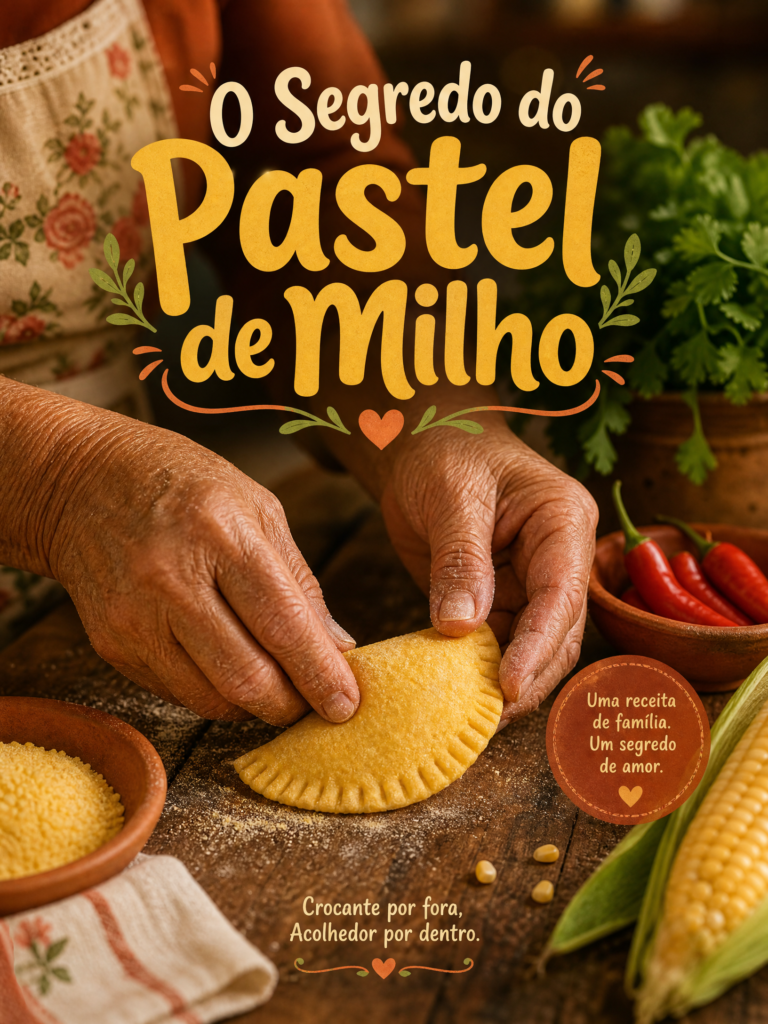 Mãos calejadas de uma avó moldando um pastel de milho tradicional numa mesa de madeira em São Nicolau.