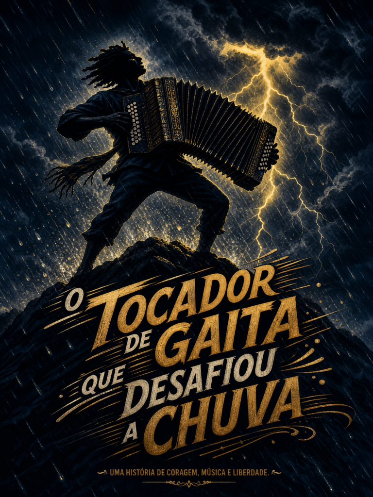 Homem tocando gaita de funaná no topo de uma montanha sob tempestade de chuva e relâmpago em Santiago.