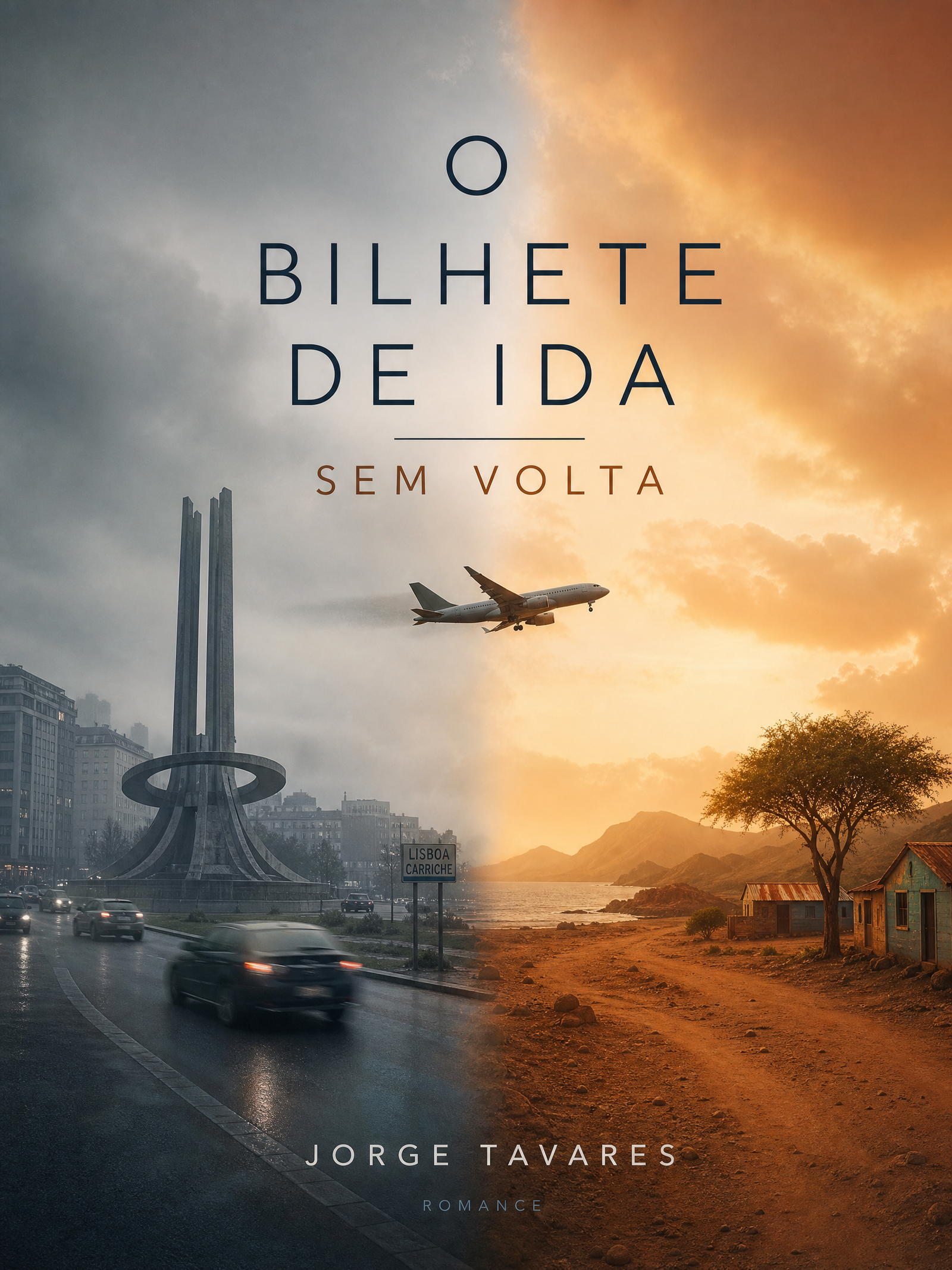 O Bilhete de Ida sem Volta: Memórias da Rotunda de Carriche Transição visual entre a Rotunda de Carriche enevoada em Lisboa e a paisagem ensolarada com embondeiros em Cabo Verde.
