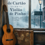 Violão de pinho e mala de cartão antiga junto a uma janela com vista para a neve caindo em Boston.
