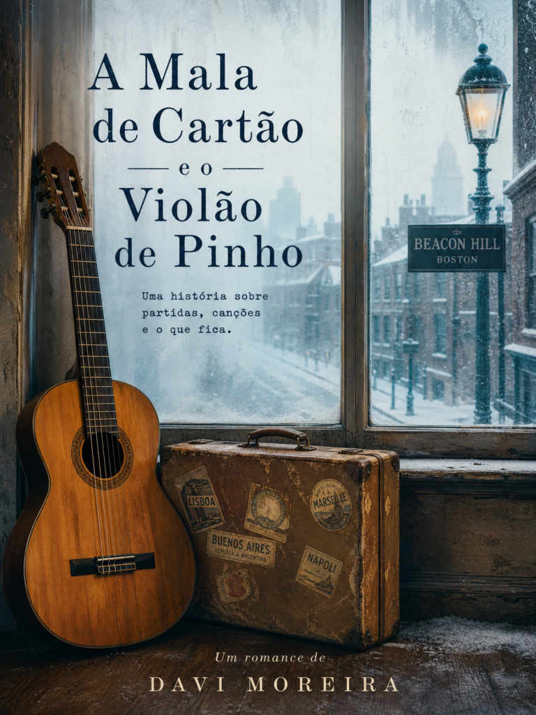 Violão de pinho e mala de cartão antiga junto a uma janela com vista para a neve caindo em Boston.
