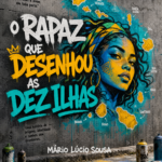 Grafite colorido do mapa de Cabo Verde e rosto de mulher num muro de betão cinzento em Saint-Denis, Paris.