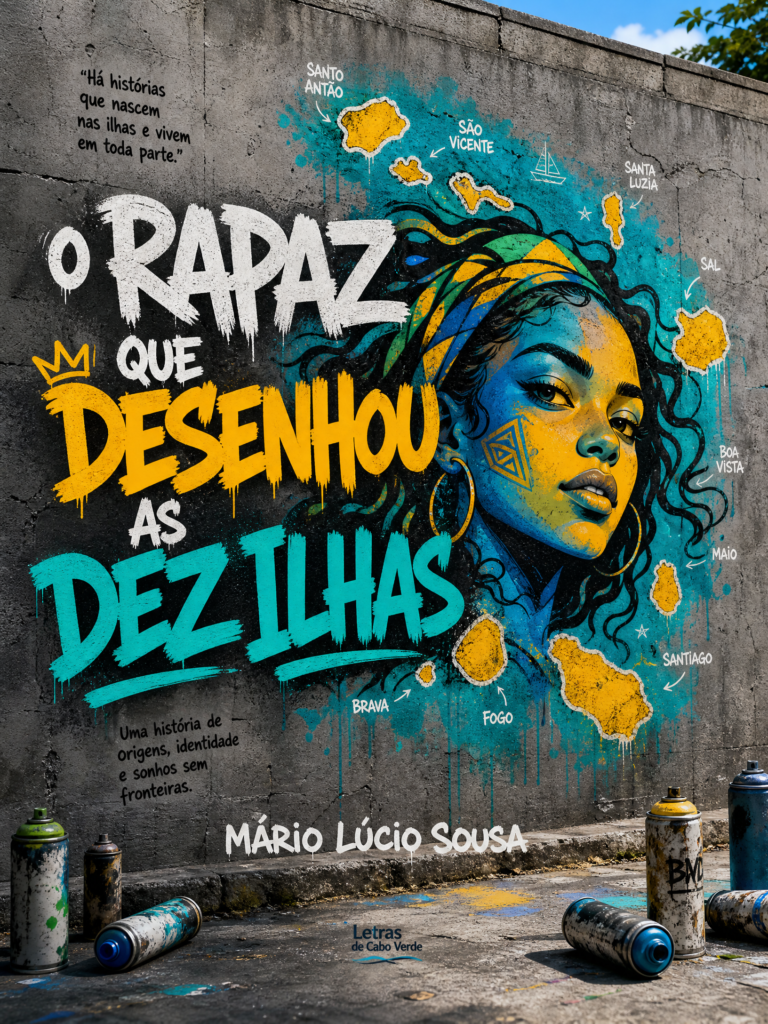 Grafite colorido do mapa de Cabo Verde e rosto de mulher num muro de betão cinzento em Saint-Denis, Paris.