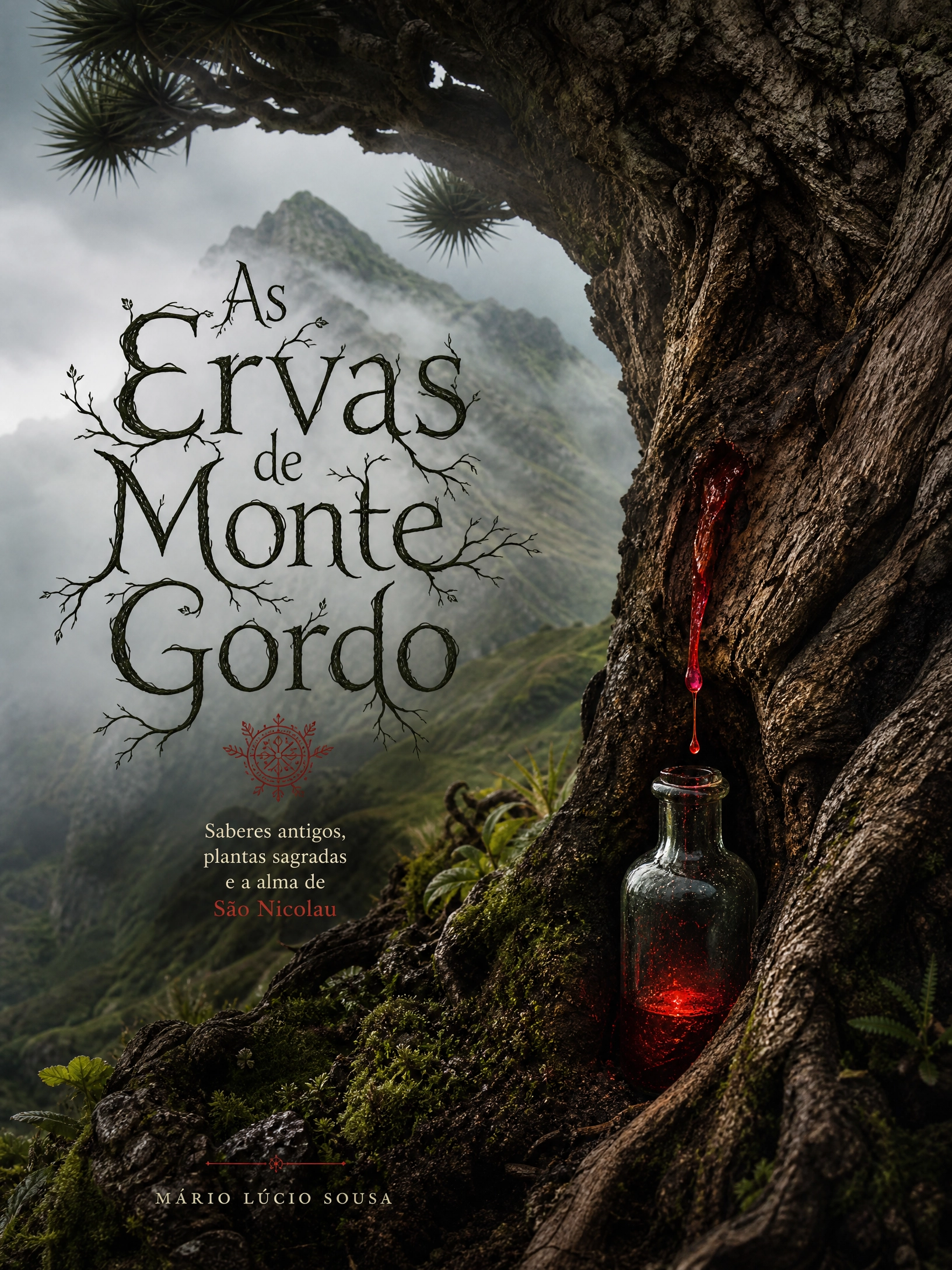 As Ervas de Monte Gordo Tronco de árvore Dragoeiro antigo em Monte Gordo, São Nicolau, com um frasco a recolher uma gota de seiva vermelha na névoa.