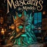 Máscara de Carnaval de papelão em forma de Rei do Mar a brilhar com luz azul numa oficina de artesanato escura no Mindelo.
