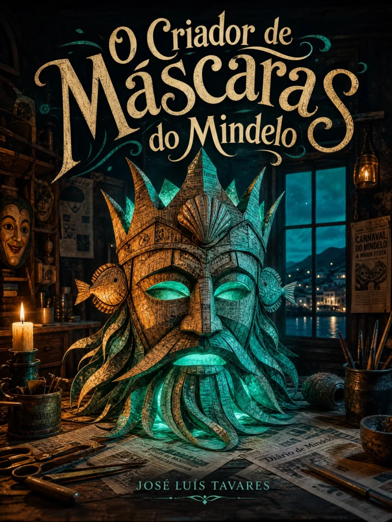 Máscara de Carnaval de papelão em forma de Rei do Mar a brilhar com luz azul numa oficina de artesanato escura no Mindelo.