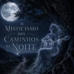Silhueta fantasmagórica de uma mulher feita de estrelas a segurar um violão de névoa sob uma figueira à luz da lua cheia.