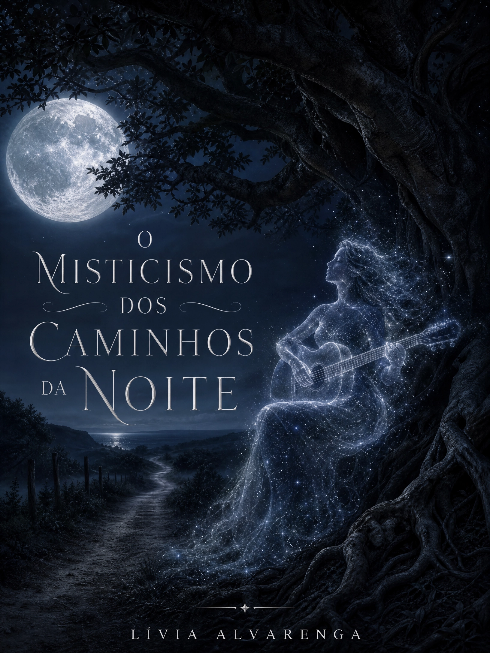 O Misticismo dos Caminhos da Noite Silhueta fantasmagórica de uma mulher feita de estrelas a segurar um violão de névoa sob uma figueira à luz da lua cheia.